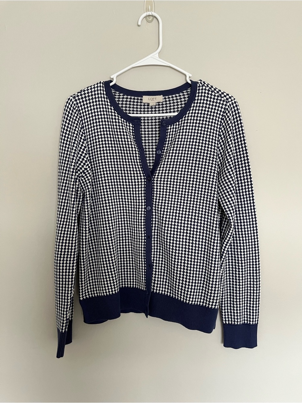 LOFT Navy and White Houndstooth Cardigan